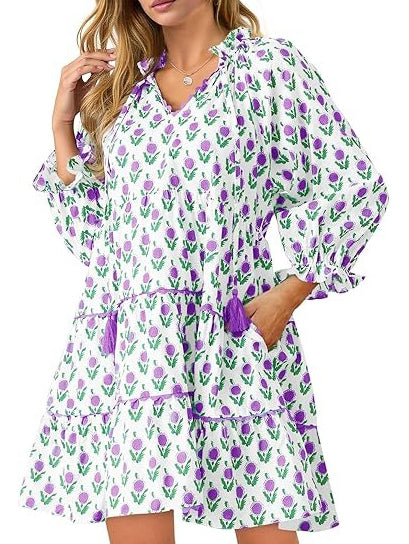 Women's Floral Ruffle V Neck Boho Babydoll Dresses with Pockets