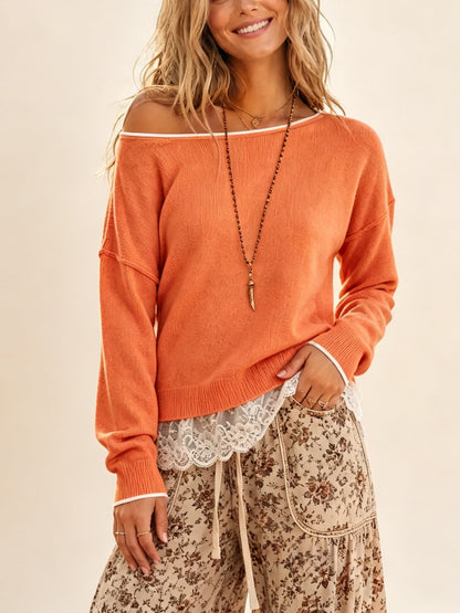 Women's Off‑Shoulder Drop Shoulder Sweater With Lace Trim