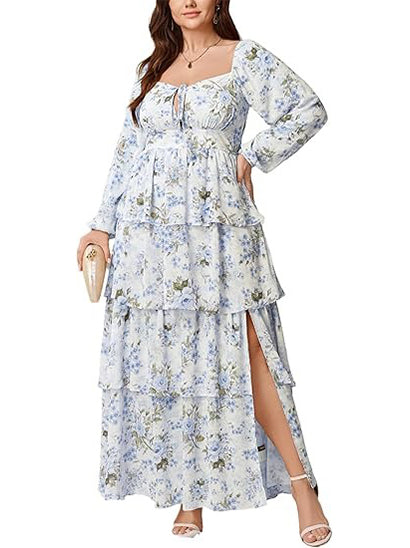 Women's Plus Size Off Shoulder Floral Ruffle Maxi Dress