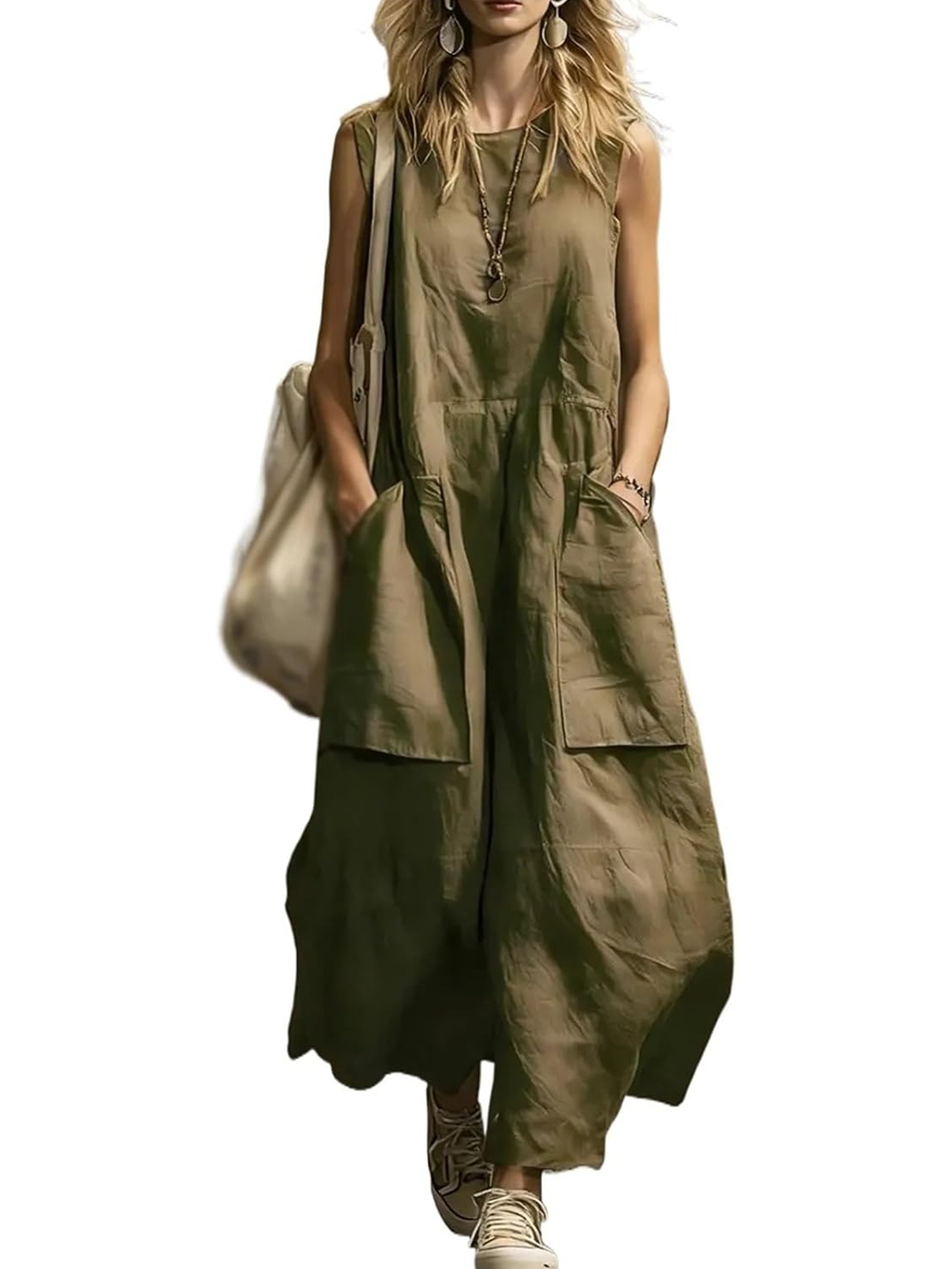 Women's Oversized Pocket Sleeveless Midi Maxi Dress