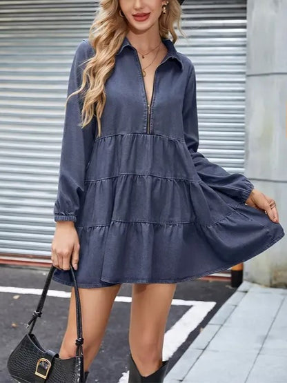Women's Zip‑Up Long Sleeve Tiered Denim Dress