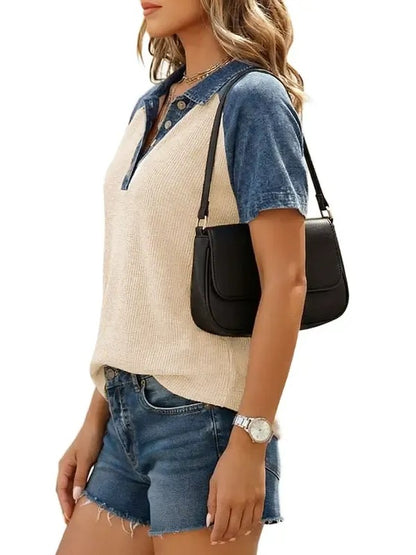Denim Patchwork Textured Colorblock Polo Collar Tee
