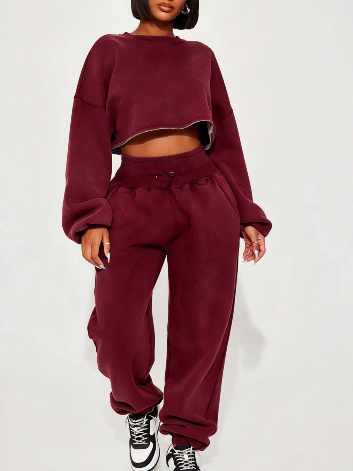 Women's Cropped Long Sleeve Sweatshirt & Jogger Pants Set