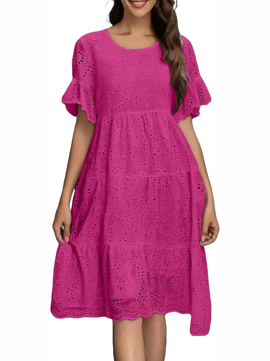 Eyelet Flutter Sleeve Tiered Midi Dress