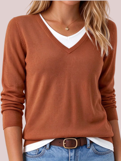 Women's V Neck Fake Two Piece Knit Sweater