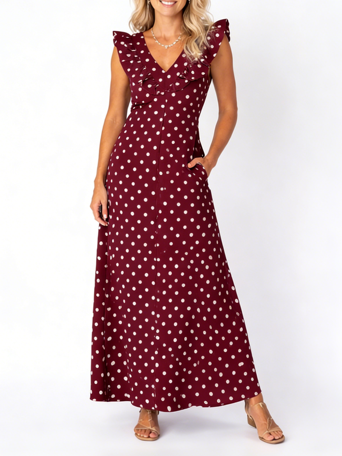 Women's Flutter Sleeve V-Neck Polka Dot Maxi Dress