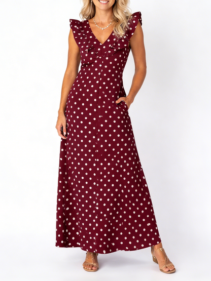 Women's Flutter Sleeve V-Neck Polka Dot Maxi Dress