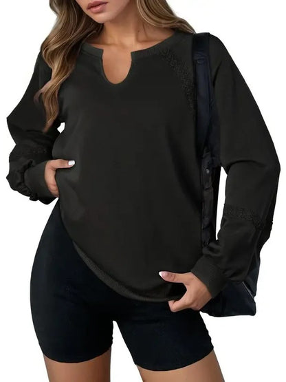 Women's Notch Neck Lace Patchwork Raglan Sweatshirt