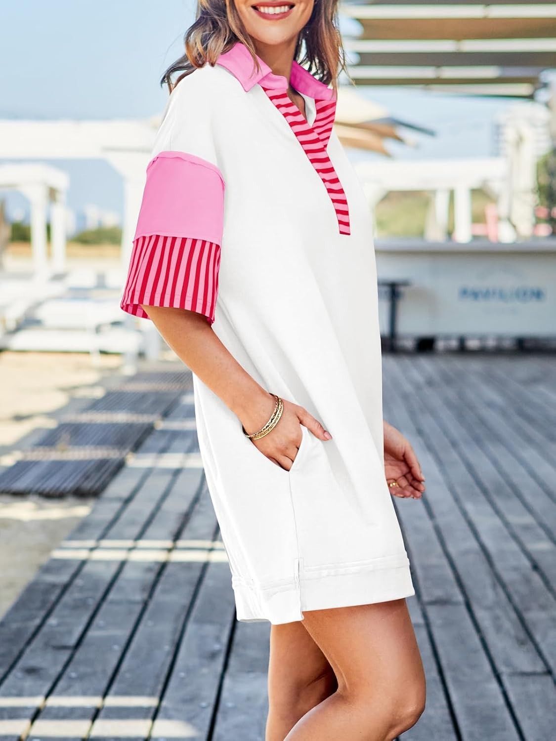 Women's Striped Colorblock Polo Collar Casual Dress