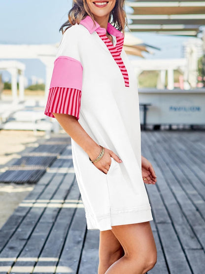 Women's Striped Colorblock Polo Collar Casual Dress