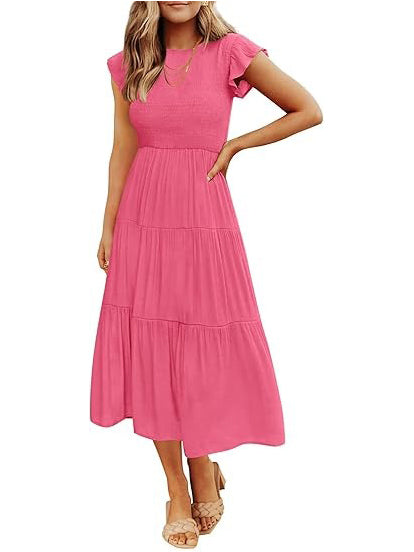 Women's Smocked Tiered Flutter Sleeve Midi Dress