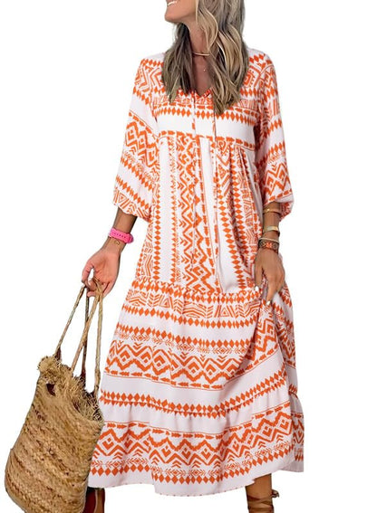 Women's Puff Sleeve Smocked Ruffle Boho Maxi Dress