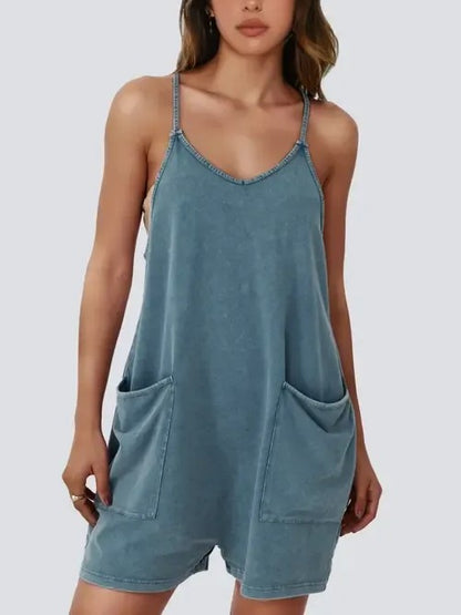 Women's V-Neck Spaghetti Strap Romper with Side Pockets
