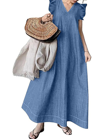 Women's Ruffle Sleeveless V-Neck Denim Maxi Dress