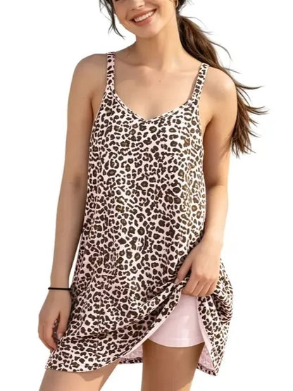 Women's 2 in 1 Leopard Sleeveless Athletic Dress with Pockets