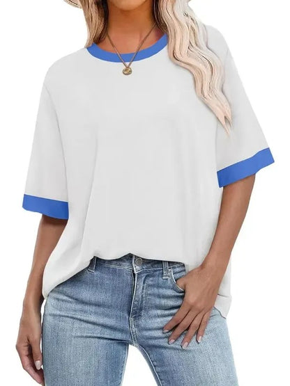 Women's Color Block Ringer Crew Neck Oversized T-Shirt