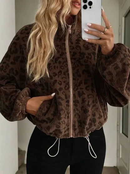 Women Leopard Print Corduroy Cropped Jacket