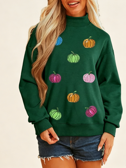 Women's Sequin Pumpkin Mock Neck Fall Sweatshirt