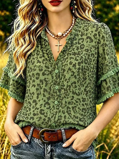 Women's Leopard Print Ruffle Neck Blouse