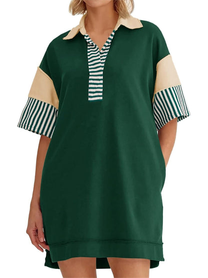 Women's Striped Colorblock Polo Collar Casual Dress