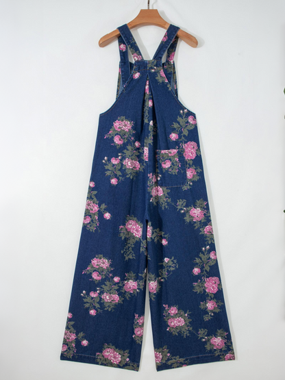 Women's Vintage Floral Denim Wide Leg Jumpsuit