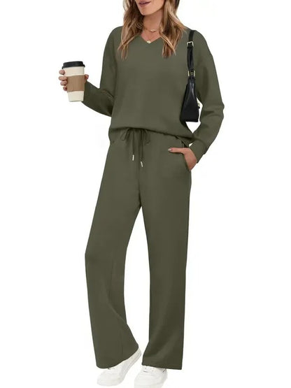 Women's Casual Long Sleeve Wide Leg Pants Set