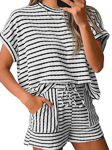 Women's Casual Striped T-shirt and Shorts Two Piece Set