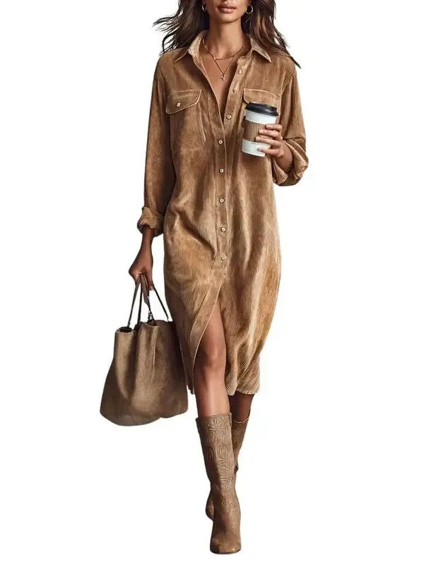 Women’s Fall Lapel Corduroy Button Down Shirt Dress