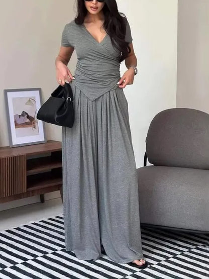 Women's Wrap Top Wide Leg Pants 2‑Piece Set