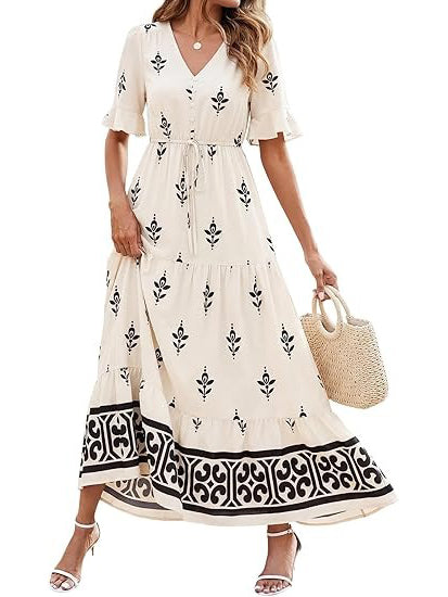 Women's Spring Casual Floral Print Tiered Maxi Dress