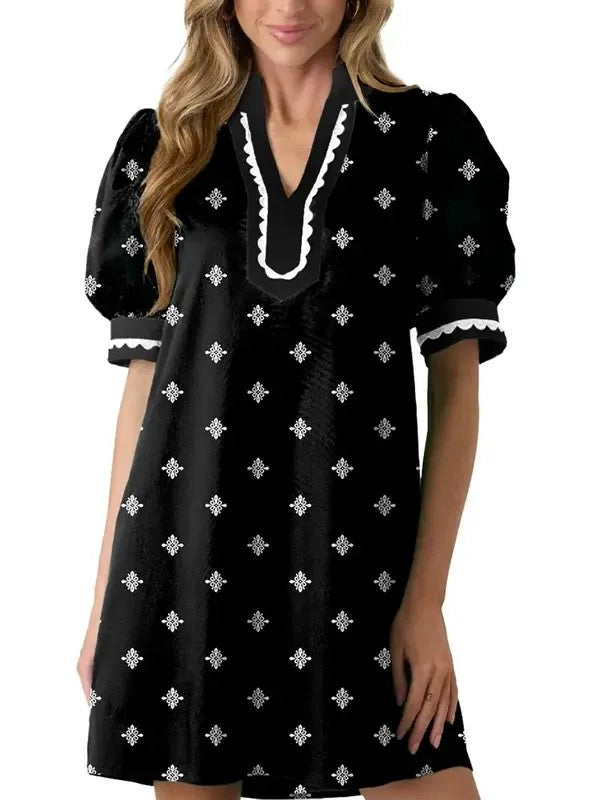 Women's Scalloped Trim Puff Sleeve Mini Dress