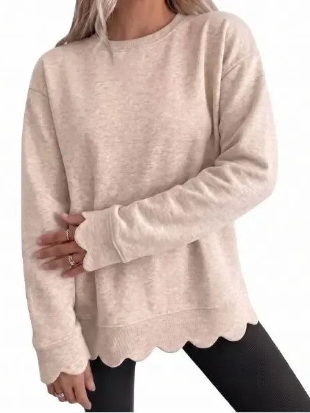 Women's Crew Neck Wavy Scallop Oversized Sweatshirt