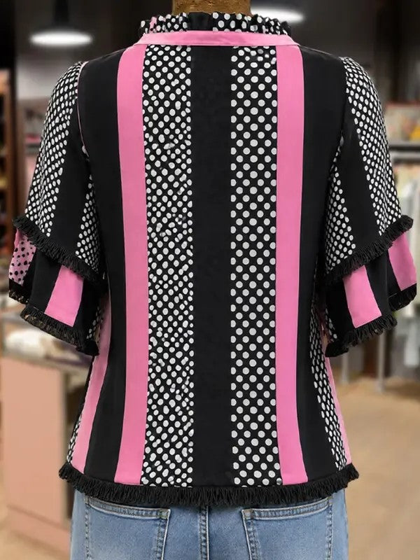 Women's Polka Dot Stripe Fringe Short Sleeve Blouse