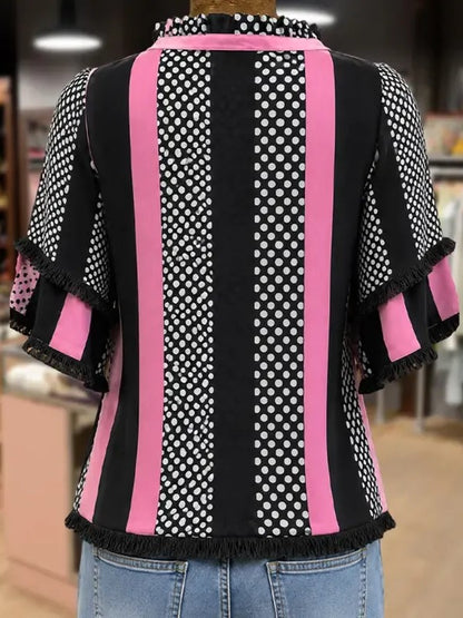 Women's Polka Dot Stripe Fringe Short Sleeve Blouse