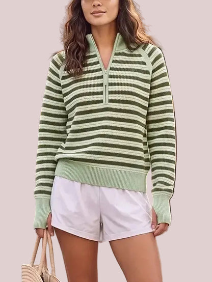 Women's Striped Waffle Knit Half Zip Pullover