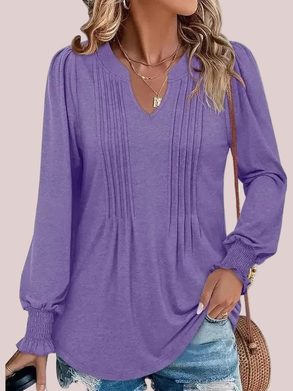 Women's Print Notch V‑Neck Long Sleeve Top