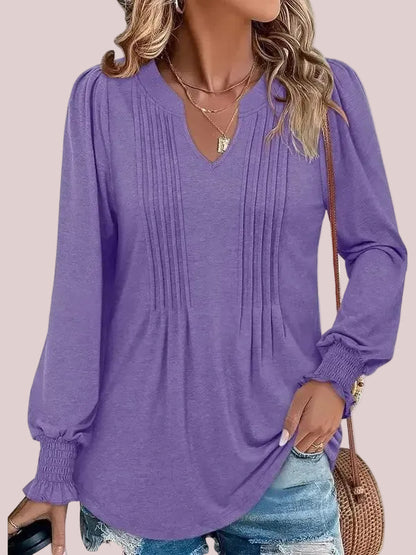 Women's Print Notch V‑Neck Long Sleeve Top