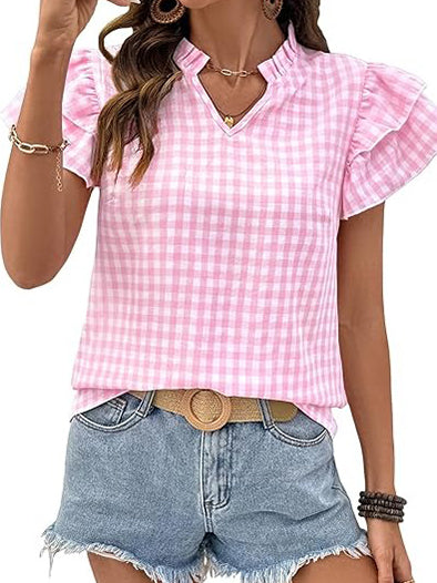 Women's Gingham V Neck Ruffle Sleeve Blouse