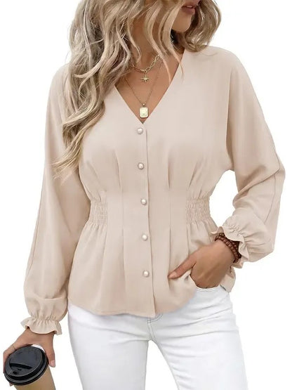 Women's Fitted V Neck Button Long Sleeve Solid Color Blouse