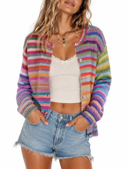 Women's Loose Colorful Striped Button Cardigan
