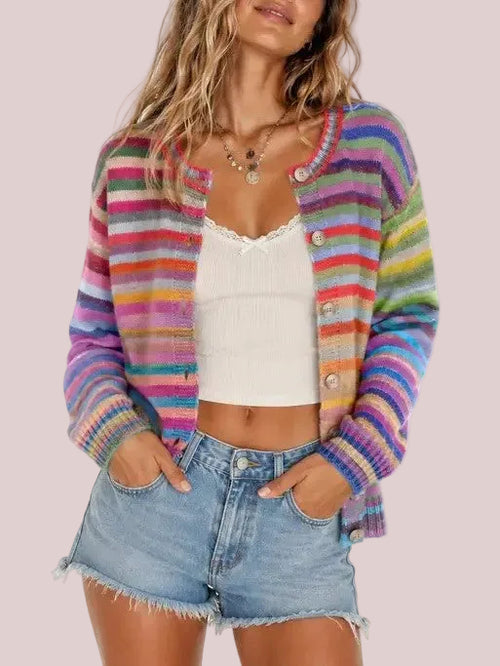 Women's Loose Colorful Striped Button Cardigan