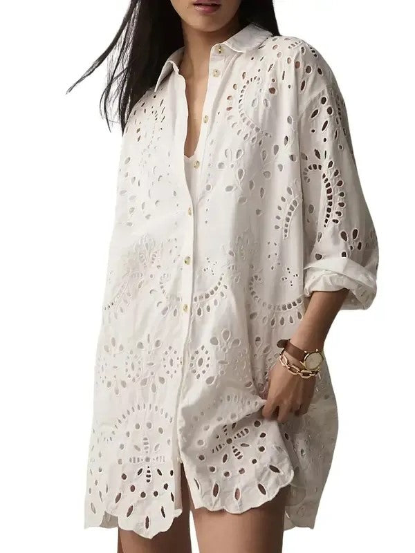 Women‘s Eyelet Lace Button Down Shirt Dress