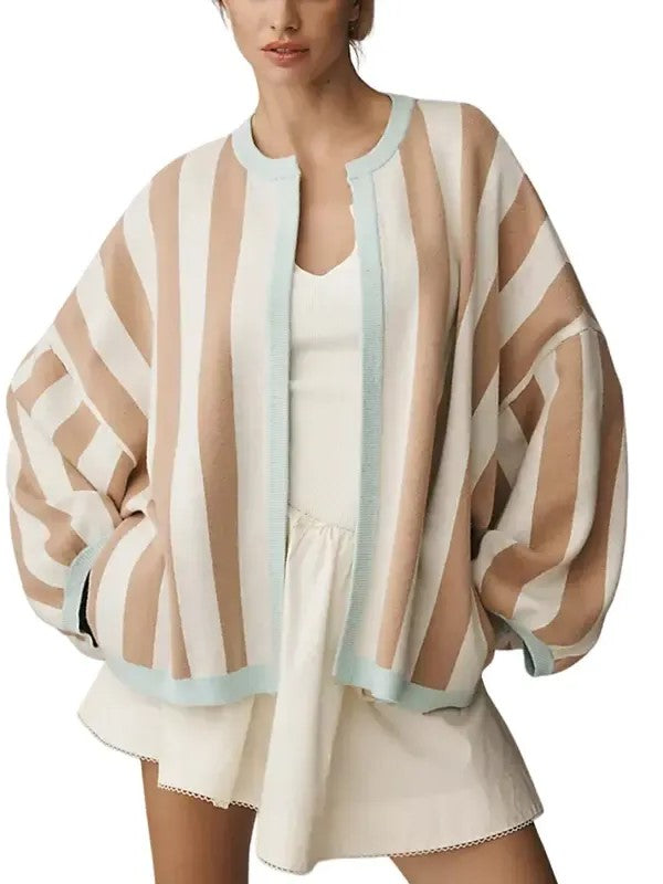 Women's Color Trim Striped Oversized Knit Cardigan