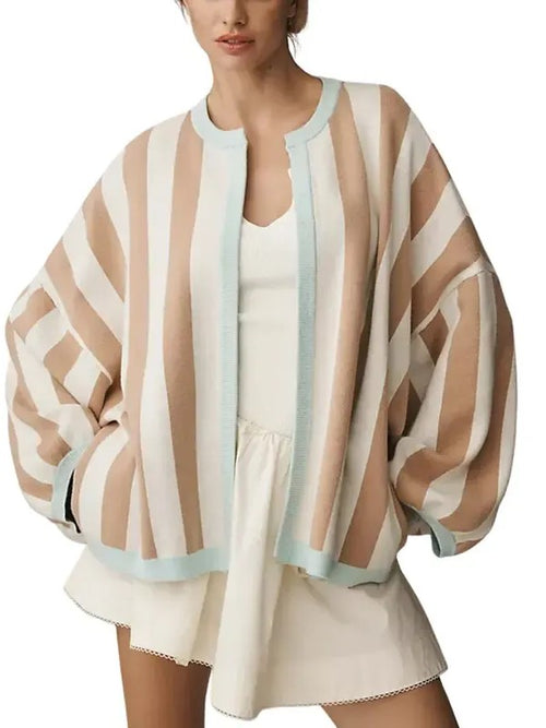 Women's Color Trim Striped Oversized Knit Cardigan