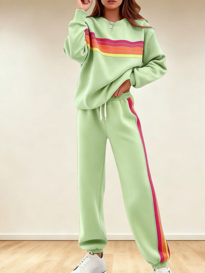 Women's Retro Striped Long Sleeve Sweat Top & Jogger Pants Two‑Piece Set