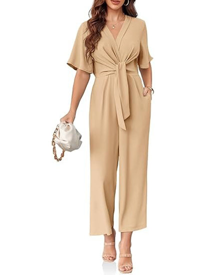 Women's Chic Tie-Front V-Neck Short Sleeve Jumpsuit
