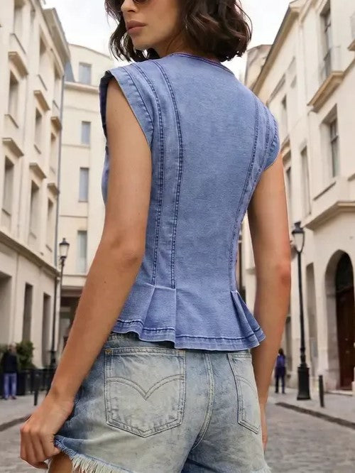 Women's V Neck Fitted Pleated Denim Vest