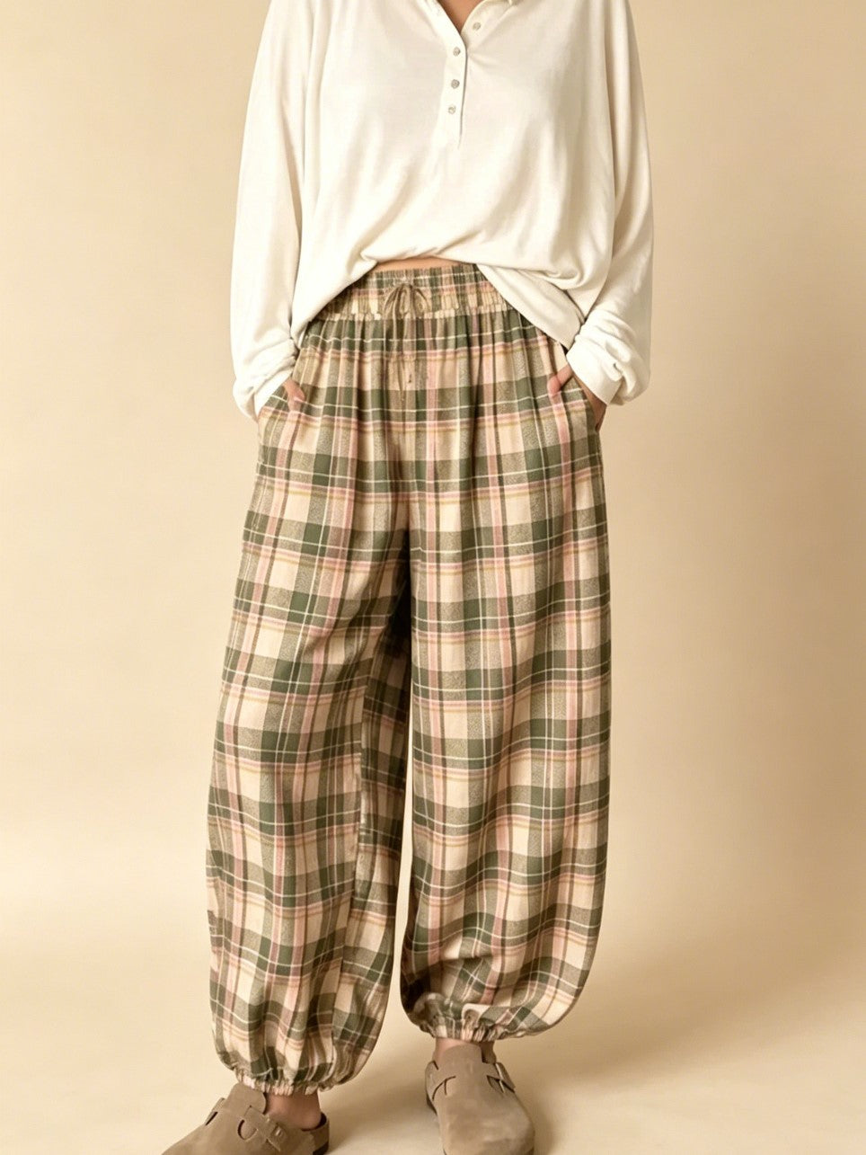 Women's Boho Plaid Elastic Waist Baggy Jogging Pants