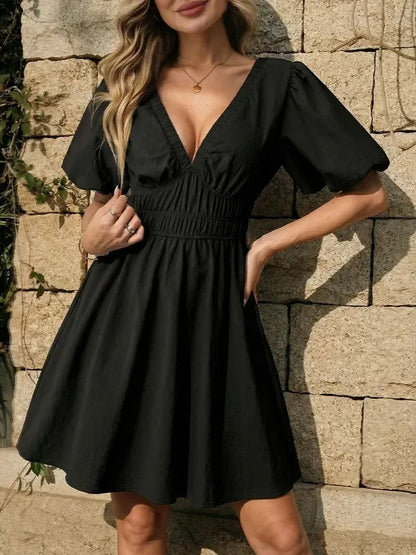 Women's V-Neck Elastic Waist Flowy Dress