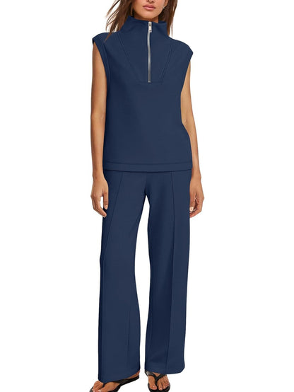 Women's Sleeveless Half Zip Top & Wide Leg Pants Set